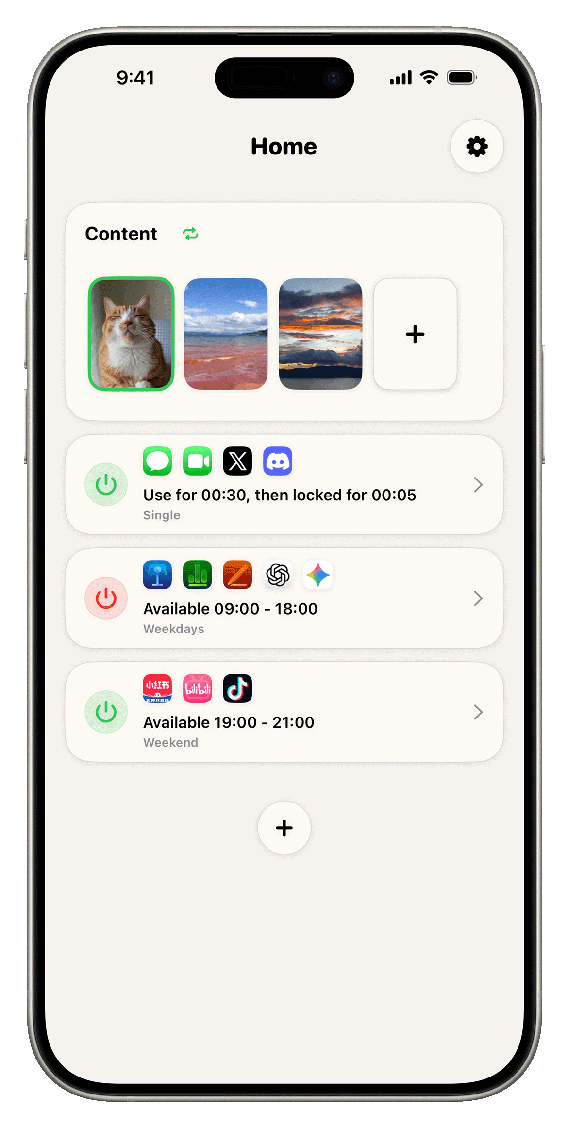 HeiLock home screen showing display content and multiple monitored apps