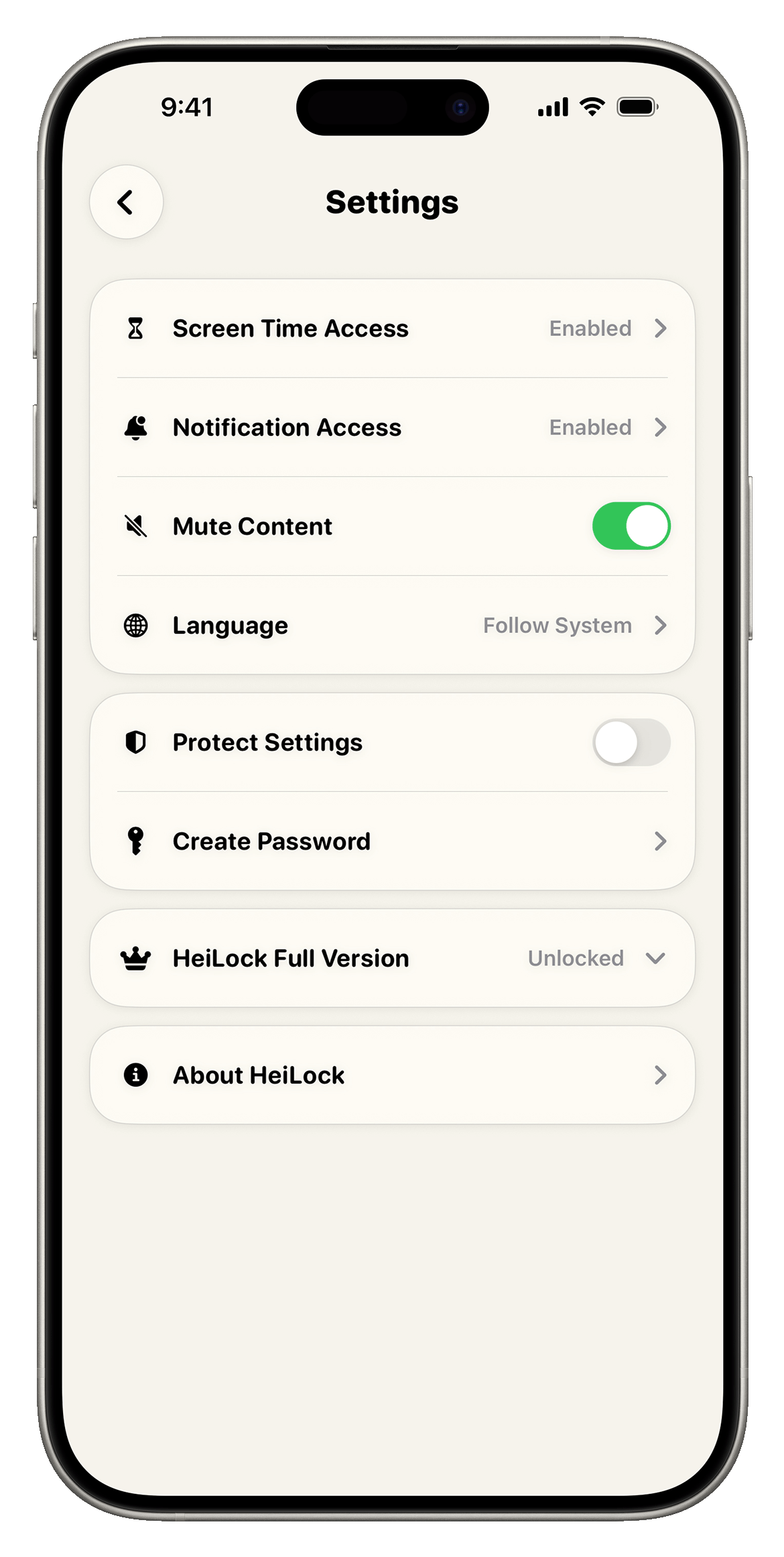 HeiLock settings screen